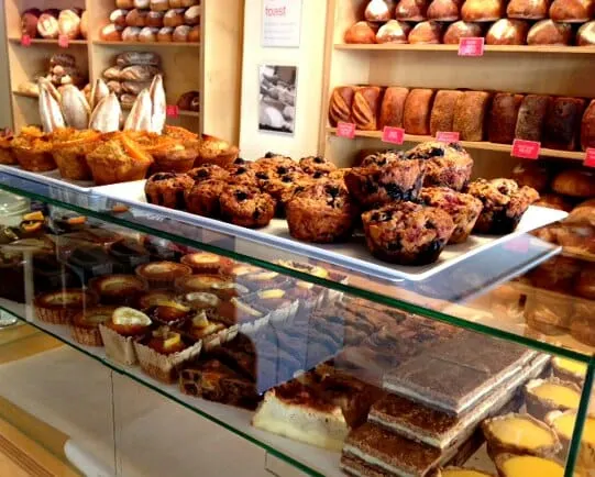 Baked goods in cabinet at Flour Water Salt South Coast food